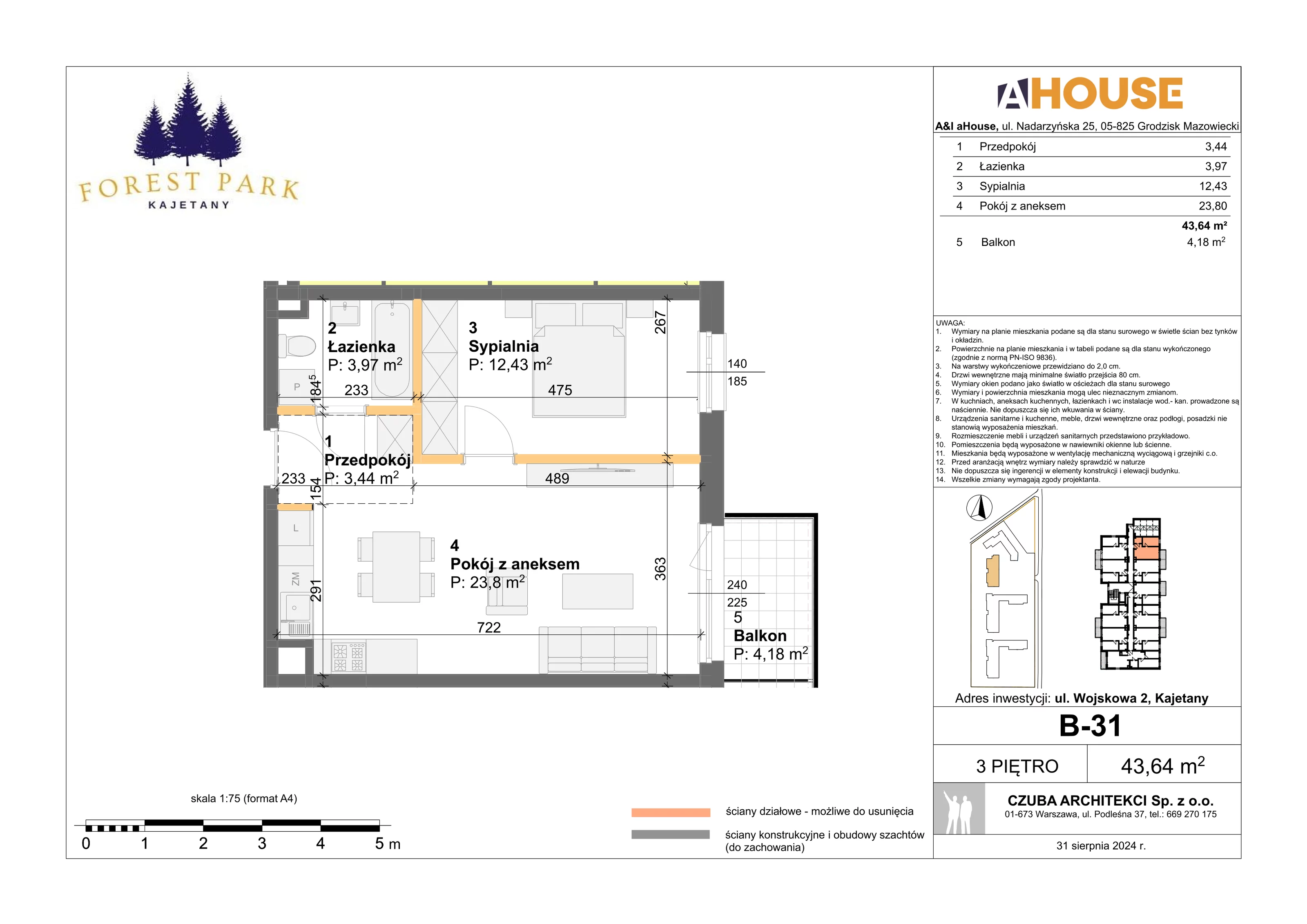 2 pokoje, mieszkanie 43,64 m², piętro 3, oferta nr B-31, Forest Park Kajetany, Kajetany, ul. Wojskowa 2